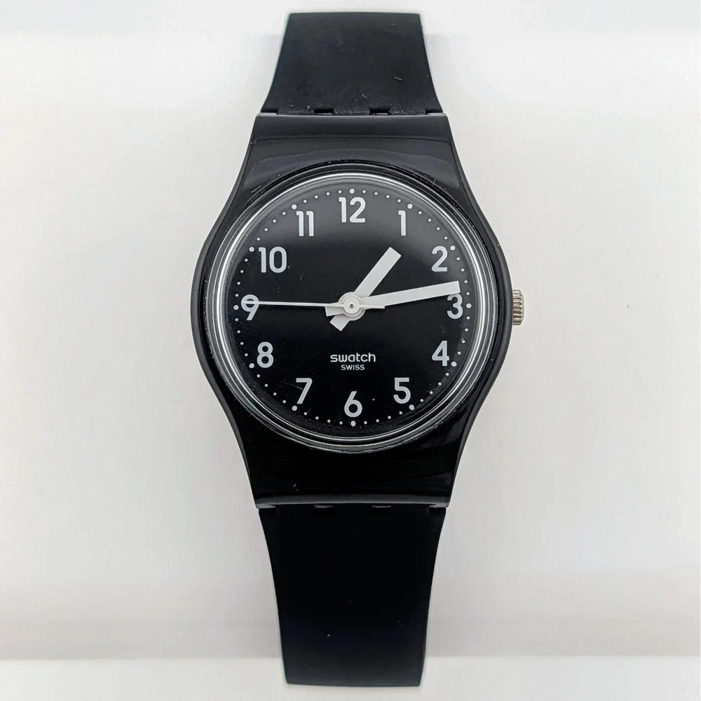 Swatch Swiss Black Quartz Watch White Arabic Numerals 25mm Classic Minimalist